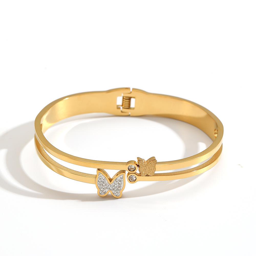 Titanium Steel Gold Butterfly Bracelet: Versatile, Light Luxury Double-Layer with Diamonds for Women.