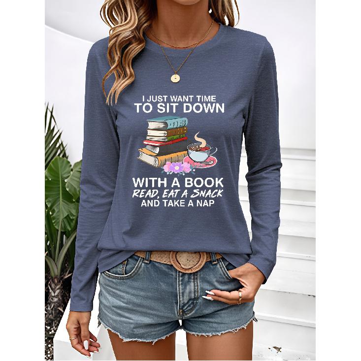 New long-sleeved women's tops for spring, autumn, and winter Reading coffee fun print, simple, stylish, elegant, casual, vintage style, new pattern,