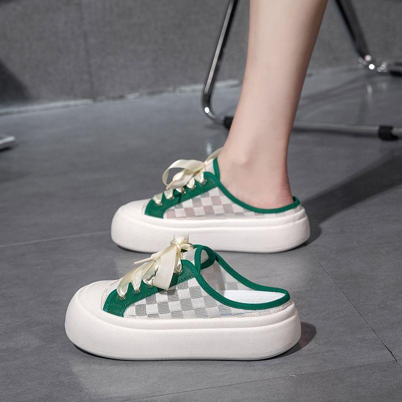 Fashion Height Canvas Slides Round Toe Women's Mules Slippers and Ladies Sandals Outside Shoes Designer Luxury Comfortable Elegan Shoe