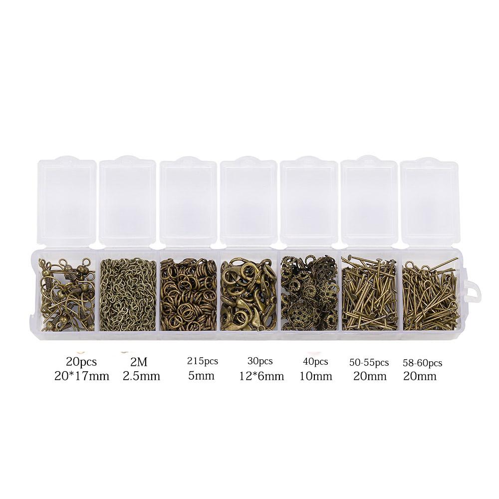 420 Stück/Karton Schmuckherstellungs-Kits Halsketten-Ketten Ohrhaken Kopf-Nadeln Biegeringe Karabinerverschluss DIY Schmuckzubehör Set Zubehör