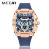 Megir Quartz Watch for Men Waterproof Silicone Strap Fashion Tonneau Case Chronograph Sport Wristwatch with Date Luminous Hands