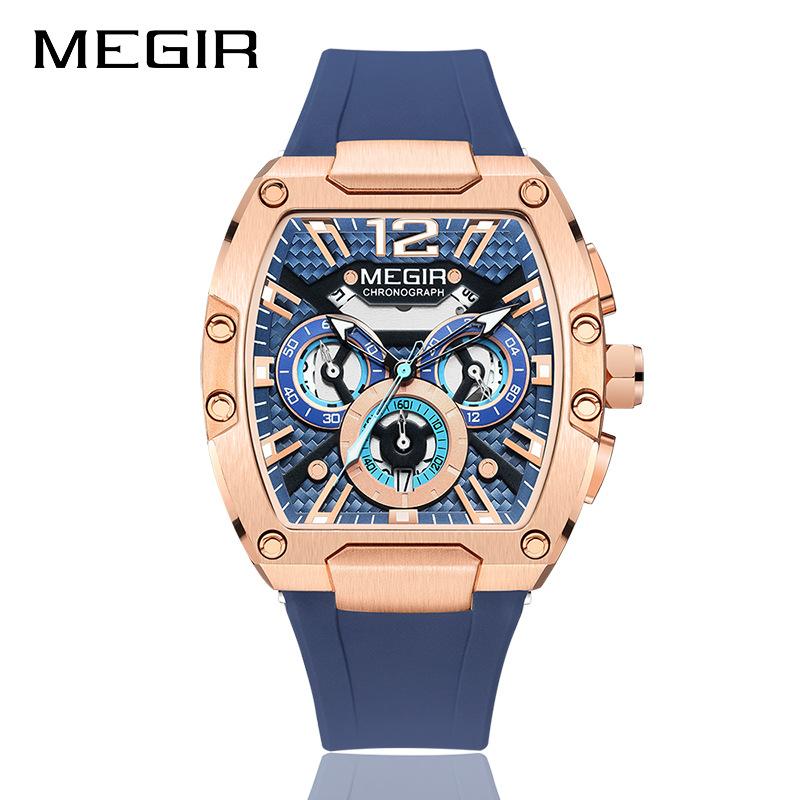 Megir Quartz Watch for Men Waterproof Silicone Strap Fashion Tonneau Case Chronograph Sport Wristwatch with Date Luminous Hands