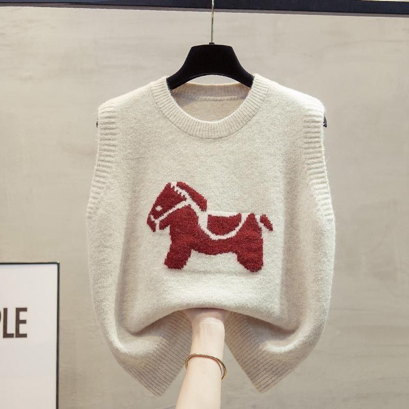 

Женский круглый вырез вязаный жилет пони вышитый свободный свитер майка вязаный жилет топ S