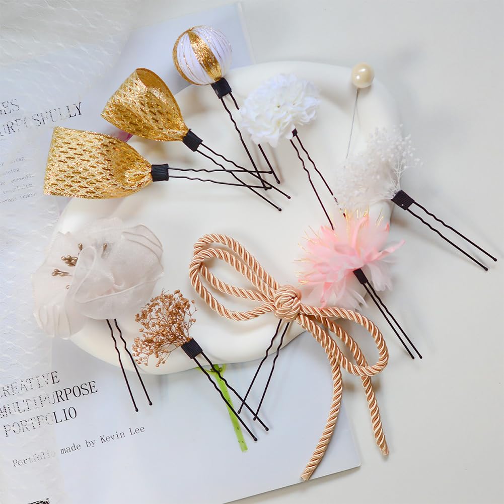 FASELE Japanese-style Hair Ornament Set (10 Pieces) - Artificial Flowers, Hairpins, U-pins, Ping Pong Chrysanthemums, Ribbons, Baby's Breath,