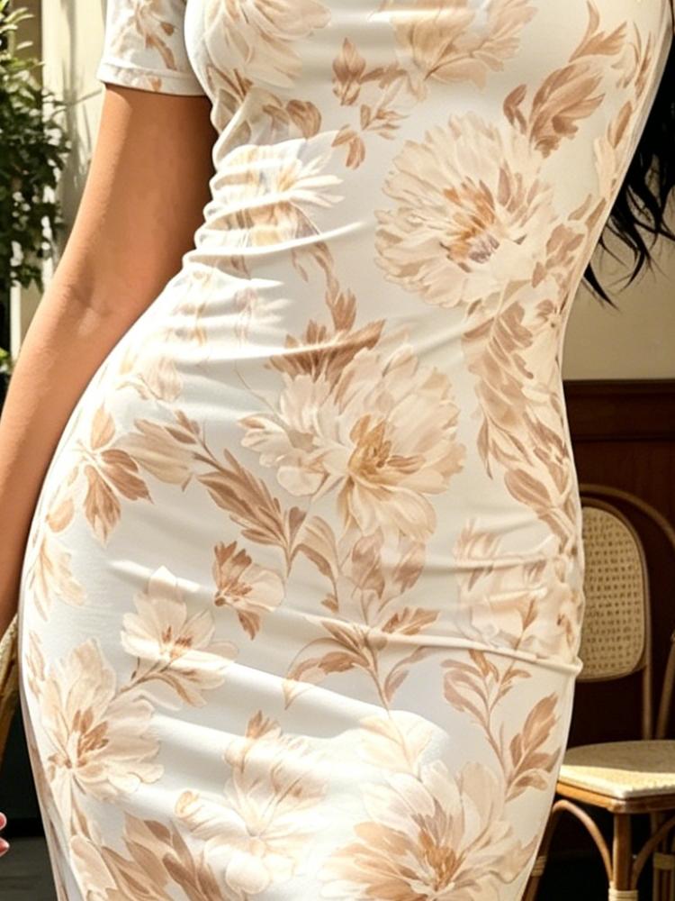 Women Summer Beige Brown Floral Print Bodycon Midi Dress Cold Shoulder Slim Fit Sexy Cutout Elegant Dress