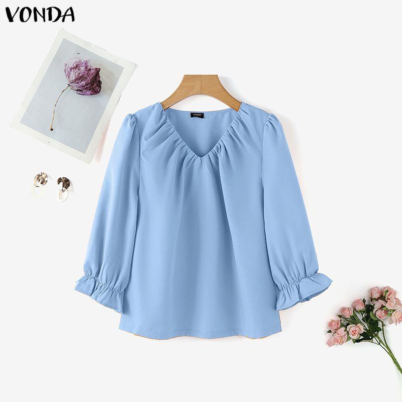 

VONDA Женская плиссированная блузка с V-образным вырезом и рукавами 3/4, однотонная, повседневная 5XL синий