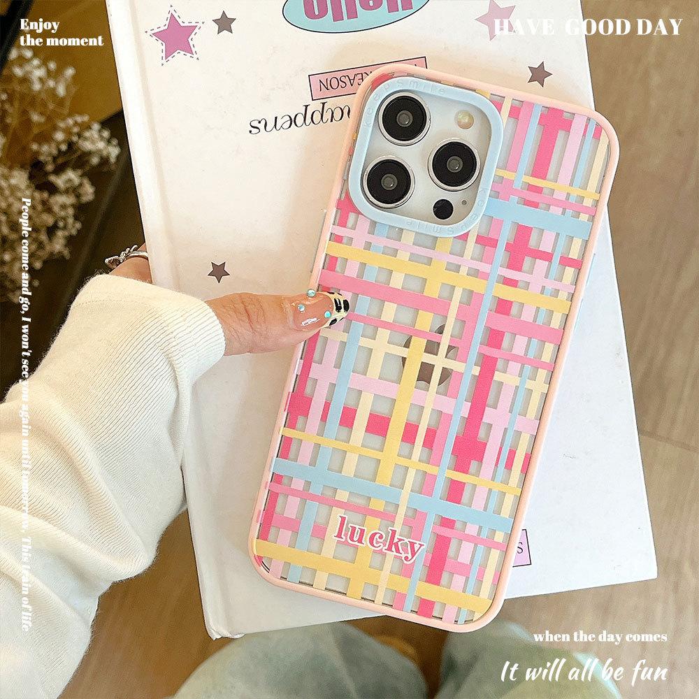 

New Creative Checked Contrasting Acrylic Phone Case Suitable for Apple 16promax Pink Apple 15 Protective Case Apple 16PLUS