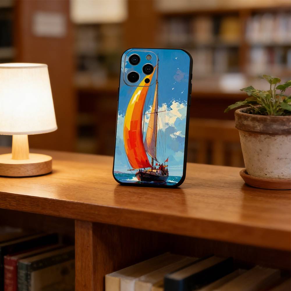 Oil painting sailboat Phone Case For iPhone 17,16,15,14,13,12,11 Plus,Pro Max,XS,Soft Silicone Black Cover