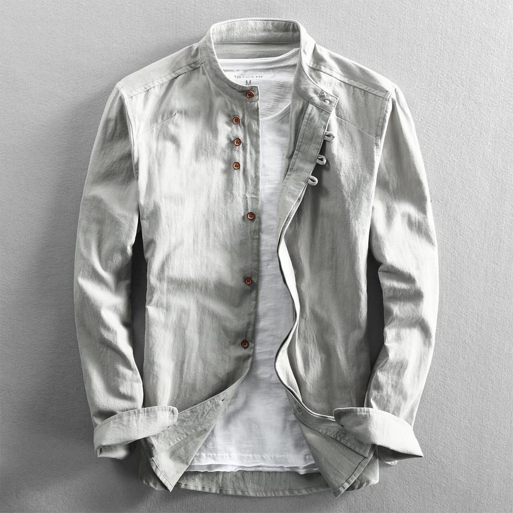 2026 Men's Casual Linen Shirt - Autumn/Winter Chinese Style with Stand Collar