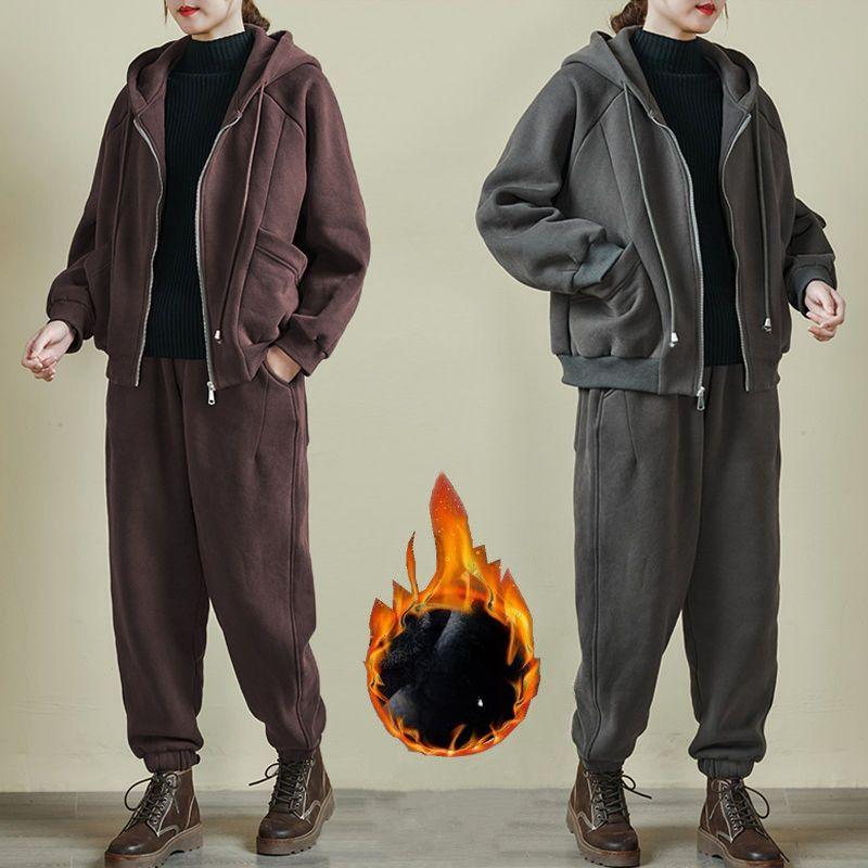 Autumn Winter Retro Loose Thickened Sportsuit Women Elegant Fleece Casual Hooded Sweatshirt Y2k 2-piece Set Fashion New Clothes