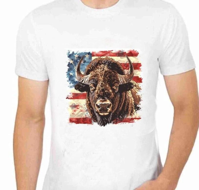 Patriotic Buffalo And Flag T-Shirt for Men Apparel Wildlife Animal Art Bison M
