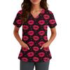 Women's Cute Bow Printed Work Clothes V-neck Double Layer Pockets Basic Short Sleeve Top Pullover