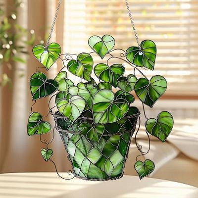1Pc Heart-Shaped Potted Plant Pendant Sun Catcher Acrylic Indoor Garden Home Office Decoration Wall Hanging Ornament Crafts