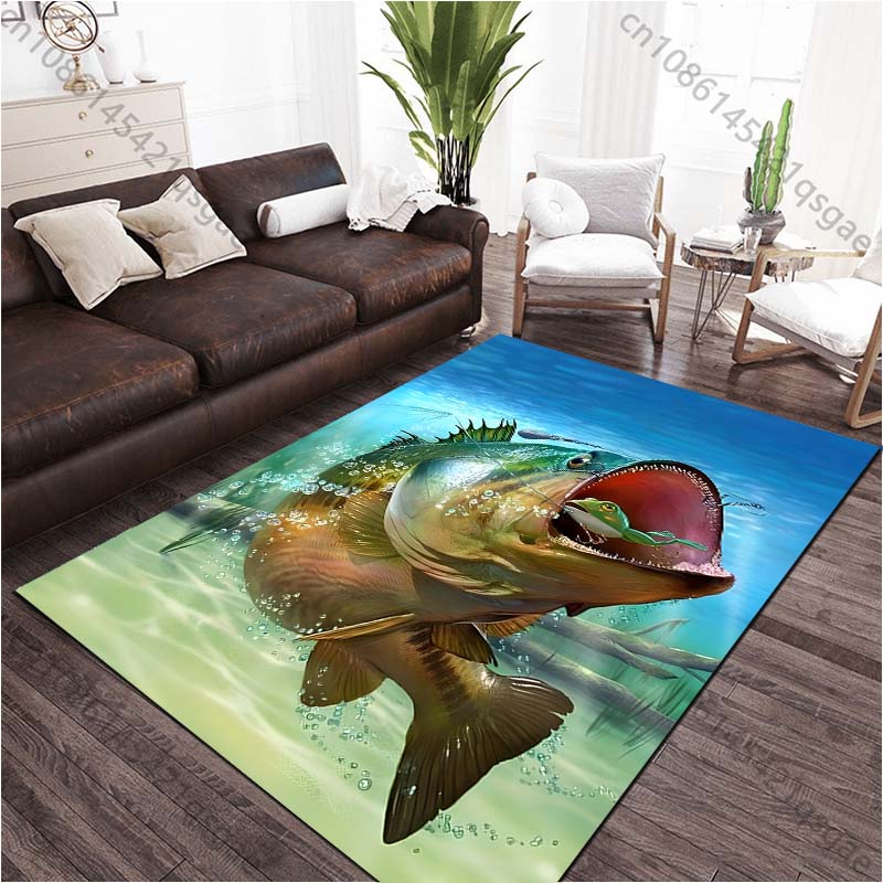 Big Fish Fishing Printed Carpet for Living Room Bedroom Bedside Bathroom Floor Mat Area Rugged Sofa Mat Home Decor for Gifts
