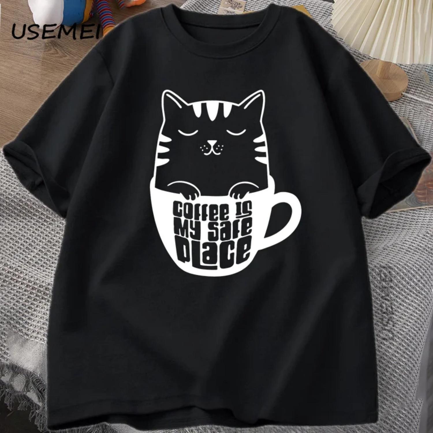 Coffee Is My Safe Place T-Shirt Funny Cute Cat Tee Kitty Coffee Lover Cat Mom T Shirt Cotton Printed Breathable Tshirt Unisex S