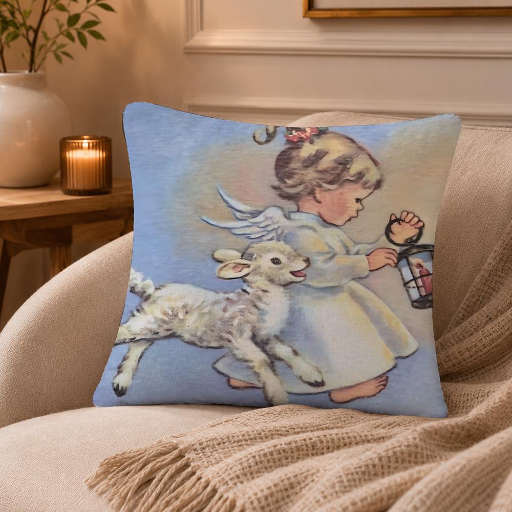 vintage little angel Cushion Cover Anti-dustmite Pillowcase Invisible zipper silky short plush Sofa cushion cover