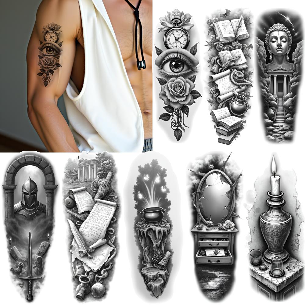 3pcs Temporary Tattoo Black And Grey Realism Buddha Statue And Temple Knight And Sword For Men Women Adults