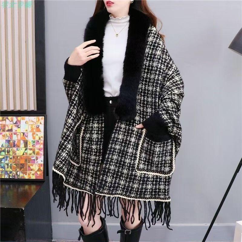 New female casual plaid sweater jacket knitted cardigan draped cloak autumn and winter shawl style top for women