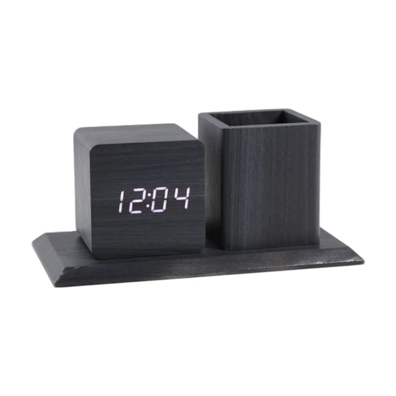 Creative Wooden Desk Item Combines Digital Alarm Clock With Pen Storage Section faint Setting And Three Alarm picks