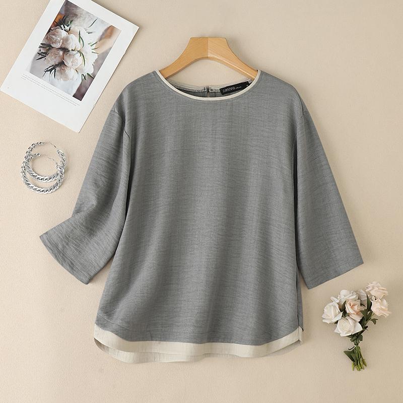 ZANZEA Női Alkalmi Kerek Nyakú Laza 3/4 Ujjú Retro Blúz