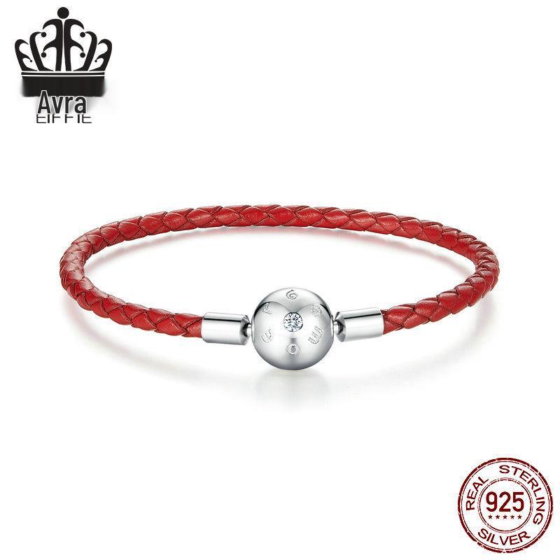 Aifule Red Bracelet: S925 Sterling Silver Buckle, Genuine Leather, Women's Single Circle Design.