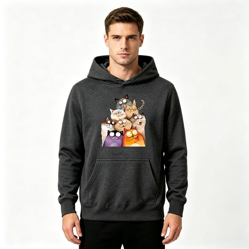 Men's Crewneck Hoodie, Funny Cartoon Cats Graphic Print Casual Loose Sweatshirt for Men