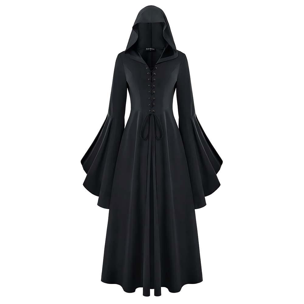 Gotisches Vampir Cosplay Mittelalterliches Langes Kleid Hexe Schwarz Neues Langes Gewand Halloween Party Rollenspiel Kostüm