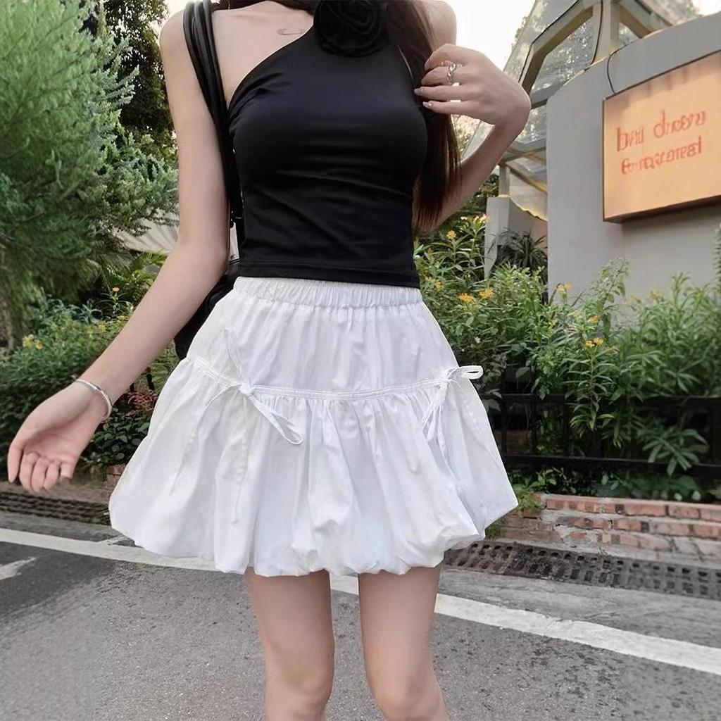 Women's Gray High-Waist Pleated Bow Skirt: Summer Slimming, Ant-Exposure Lantern Style