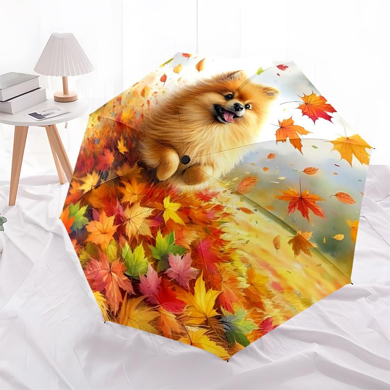 1pc Autumn Leaves Pomeranian Automatic Folding Umbrella, 8 Ribs Iron Frame, Suitable for Outdoor Travel and Daily Use Yy251120204