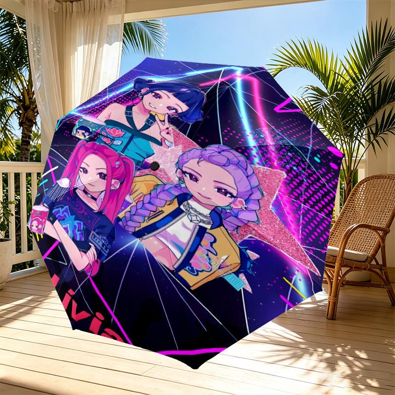 KPop Demon Hunters Print Automatic Open Close Umbrella, Portable Foldable Umbrella, for Outdoor Commute Camping Trip, Ideal Birthday Gift