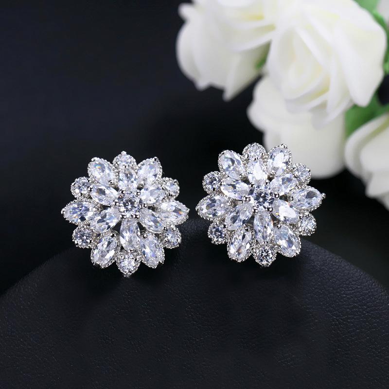 Pendentif Zircon Rose, Ensemble Deux Pièces Collier Chaîne Clavicule Boucles d'Oreilles Puces, Flocon de Neige.