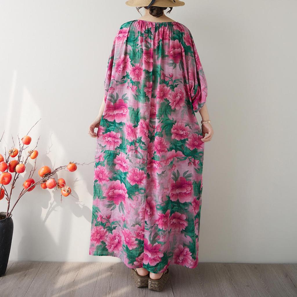 Manga curta Tamanho Plus Algodão floral vintage novidade em vestidos para mulheres casual solto maxi longo vestido de verão