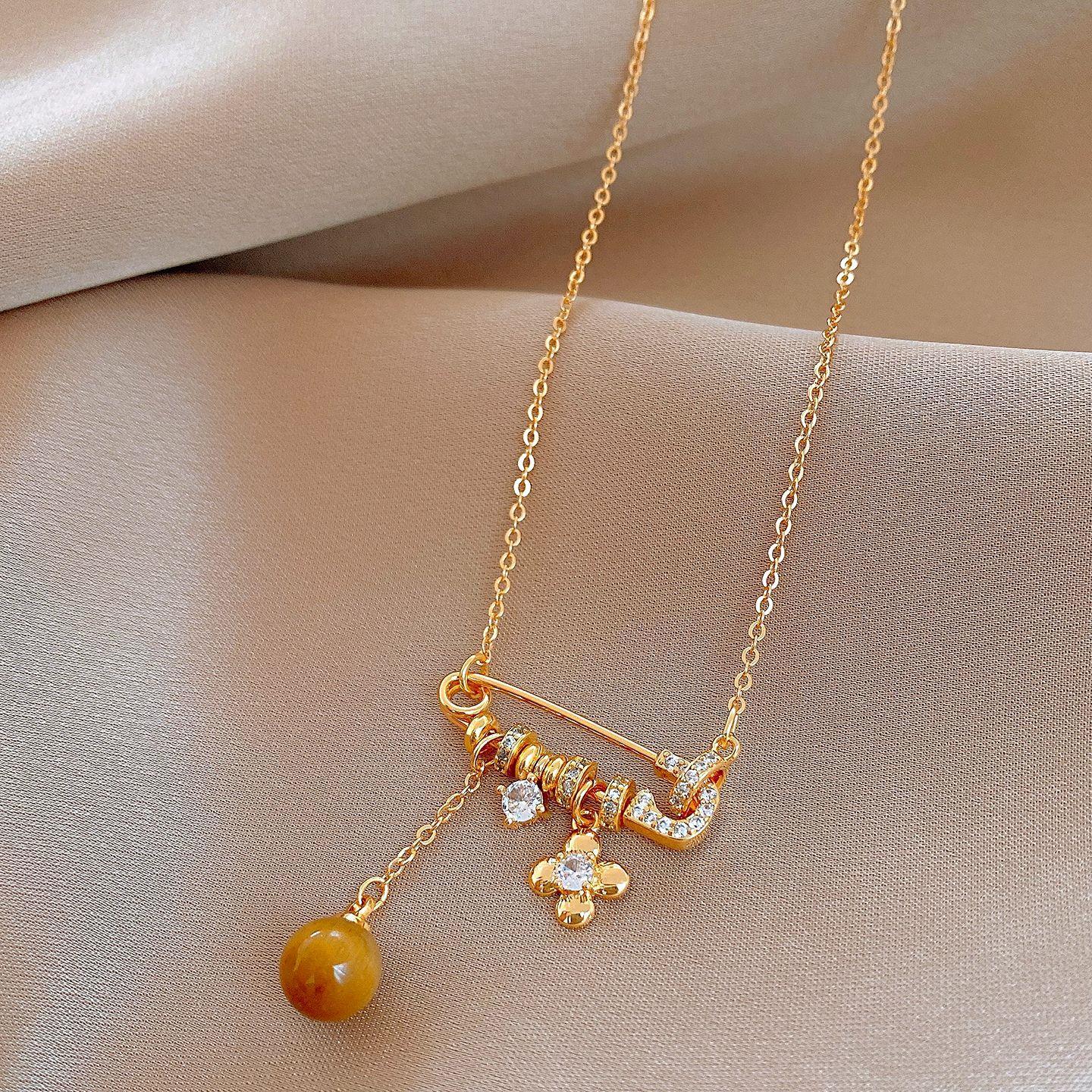 18k real gold electroplated zircon flower pin tiger s eye necklace accessories women s sweater chain necklace accessories