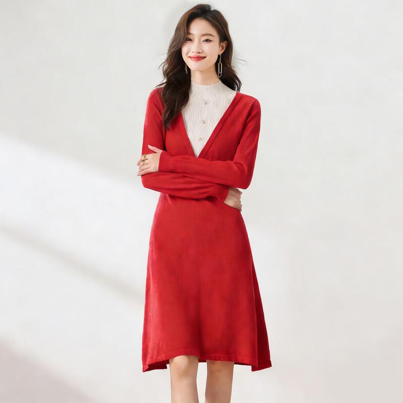 Sanpowa 100% Merino Wool Half-High Collar A-Line Dress