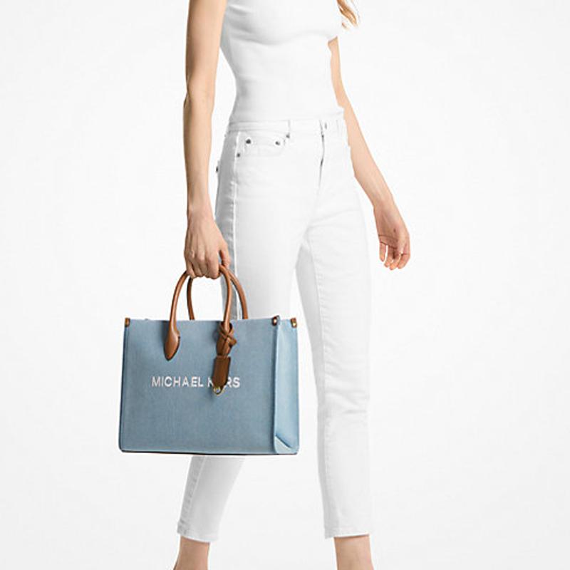 Michael Kors MK Mirella Logo Hardware Zipper Pocket Cotton Denim Tote Bag Women Tote Light-Blue 35F3G7ZT2C-DENIM