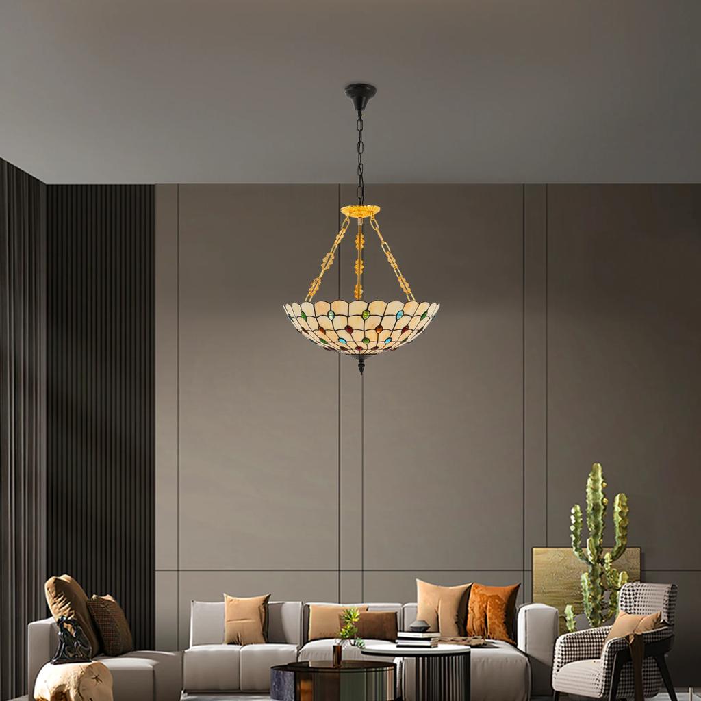 Tiffany Style Ceiling Chandelier Light Fixture, 20In Peacock Design Stained Glass Pendant Lamp, Indoor Hanging Light E26 Holder