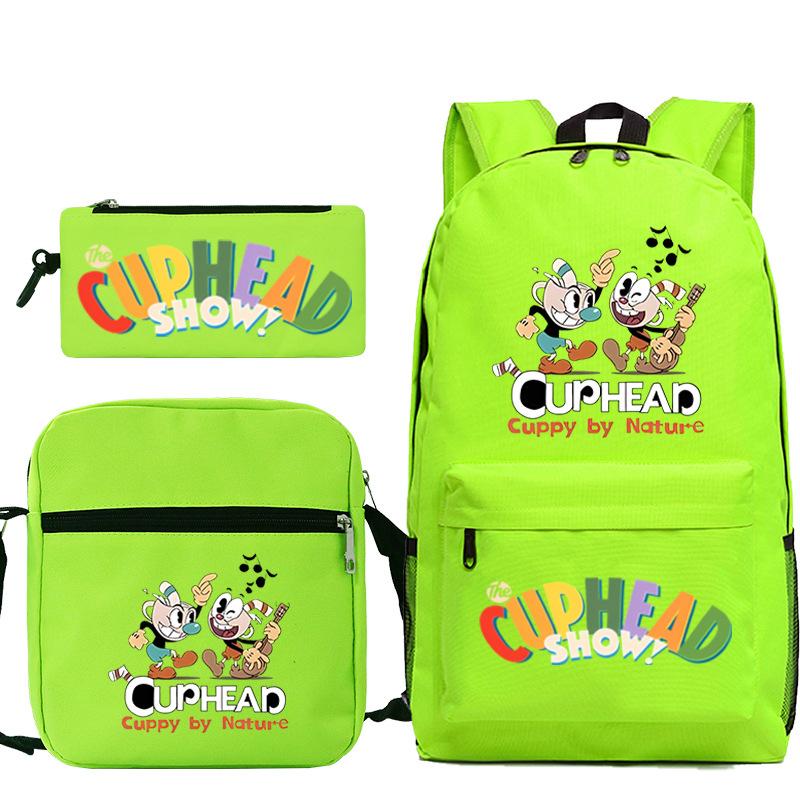 Cartoon Teacup Head Cuphead Student Backpack Oblique Span Bag Pencil Bag Primary And Secondary School Students Children'S Schoolbag Three-Piece Set