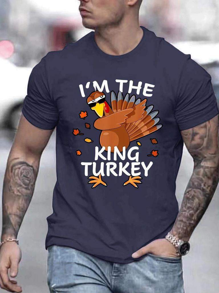 Unisex O Neck Tee King Turkey Thanksgiving Print Cotton Short Sleeve Loose Summer Street Breathable Daily Casual Basic Wear Top