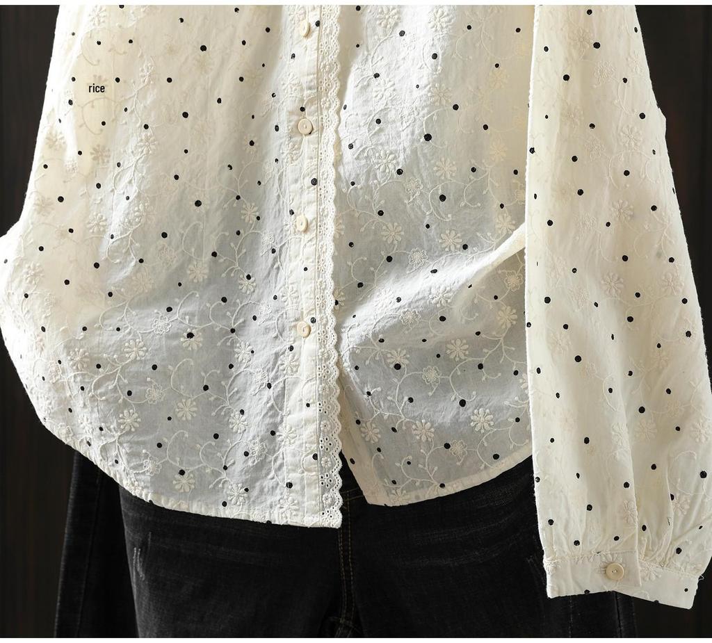 Women's Spring 2026 Polka Dot Lace Collar Cotton Shirt with Embroidered Jacquard Design