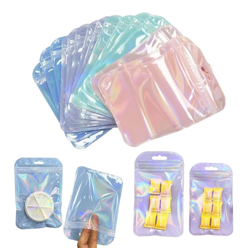 50pcs Holographic Zipper Small Jewelry Bag Pouch For Bead Earring Food Storage Small Business Entrepreneurship Packaging 7*12cm