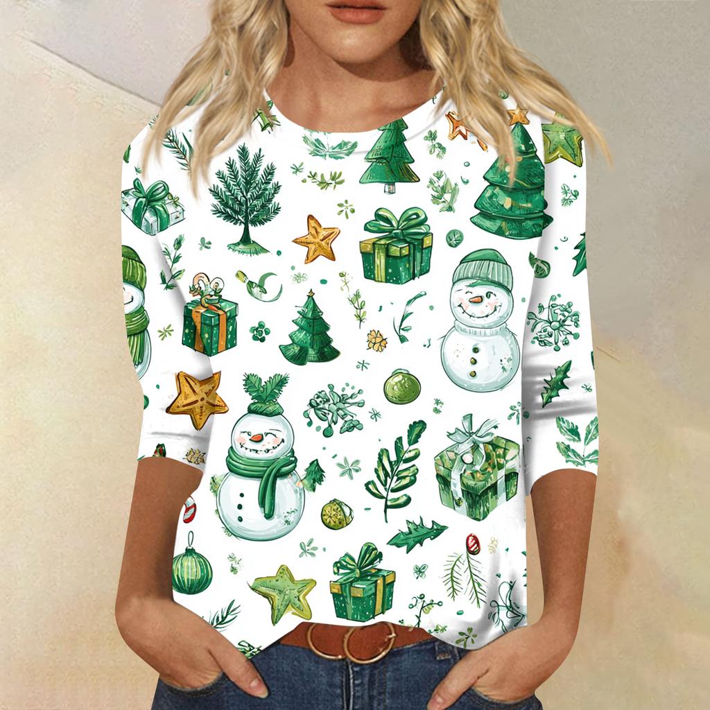 Women's Fashion Casual Round Neck Three-quarter Sleeve Christmas Print T-shirt Top