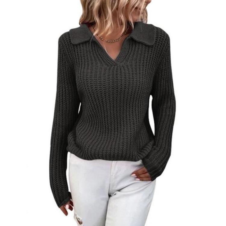 Women Slim Turn Down Collar Long Sleeve Solid Color Knitted Sweater Jumper Autumn Winter Female Clothing