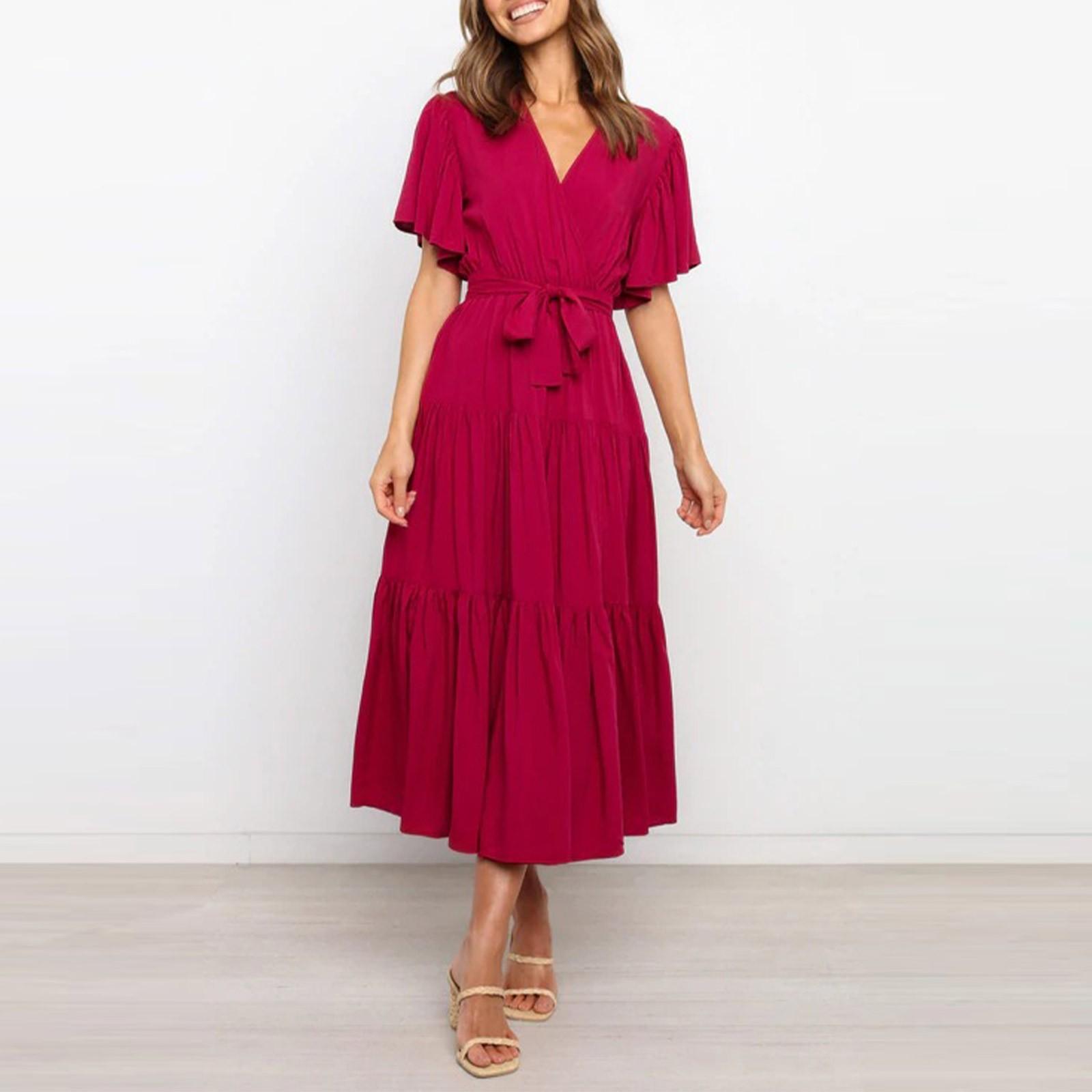 

Модное повседневное платье с короткими рукавами и завязкой, длинная юбка с большой юбкой-качелями XL винный