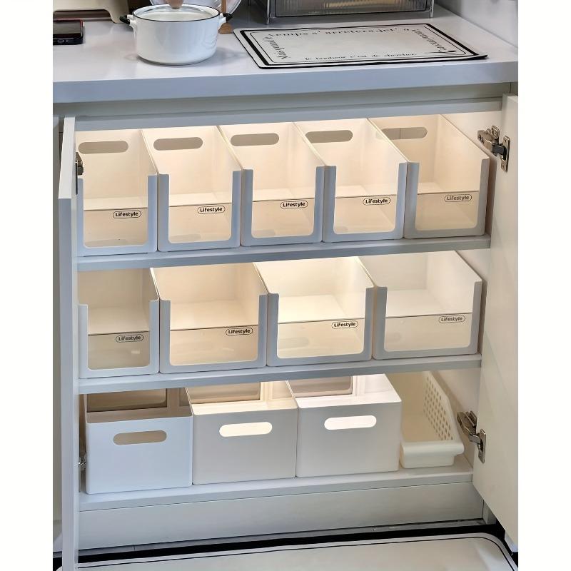 4 Pack White Storage Box with Handle Clear Panel Durable Waterproof Stacking for Organizing Kitchen Cabinets and Drawer Dividers