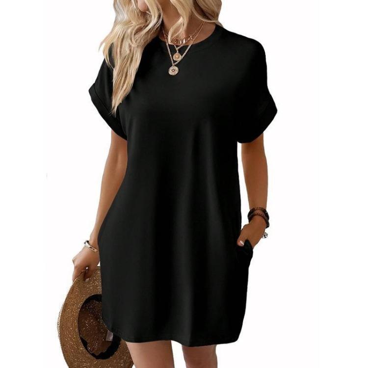 Summer Casual Women Dress Short Sleeve Round Neck Loose Pocket Solid Color Breathable Spring Fashion