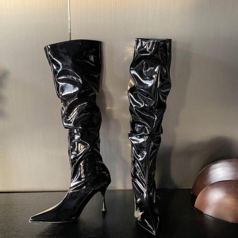 Fashion New Autumn Style Pleated Stiletto High Boots with Pointed Sleeves, Non-slip and Wear-resistant High Heels