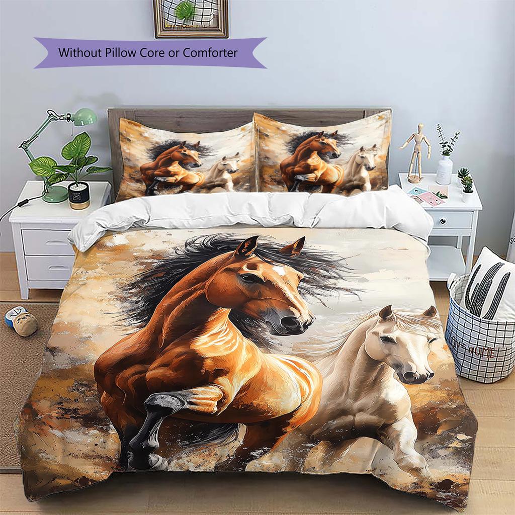 Horses Painting Pattern Bedding Quilt Set Quilt Cover Pillowcase Home Decoration Birthday Gift (1 * Duvet Cover + 2 * Pillowcase, Without Core)