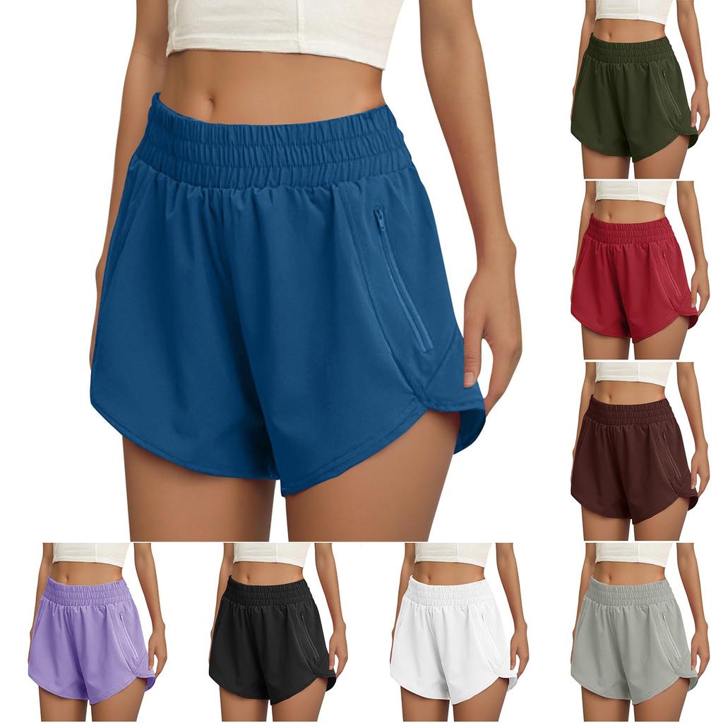 Women's Athletic Shorts High Waisted Running Solid Shorts With Zip Pocket Workout Shorts
