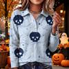Women's Halloween Print Knit Long Sleeve Top with Lapel Collar