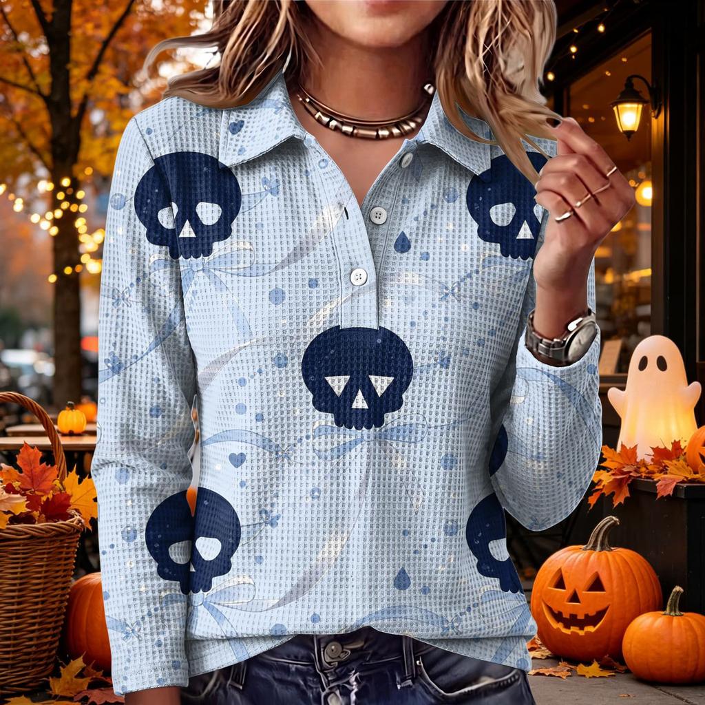 Women's Halloween Print Knit Long Sleeve Top with Lapel Collar